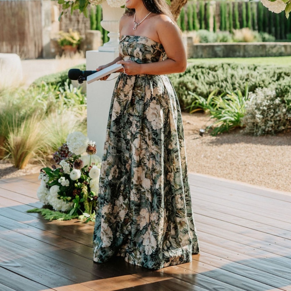 Tahari ASL Floral Strapless Maxi Dress - Green and Cream